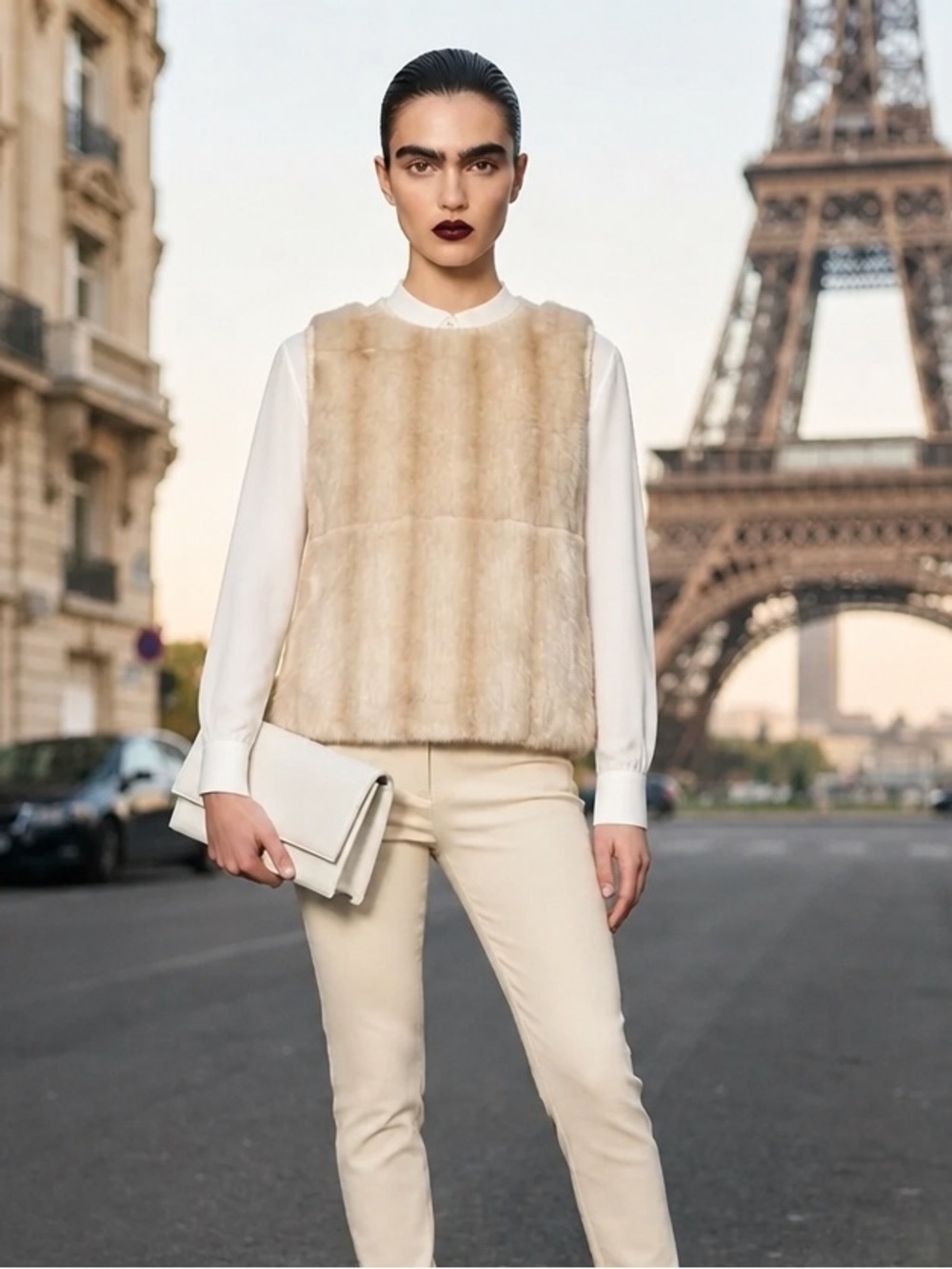 ECRU Florence Korn Beige White Faux Fur Vest Size 4 FRANCE